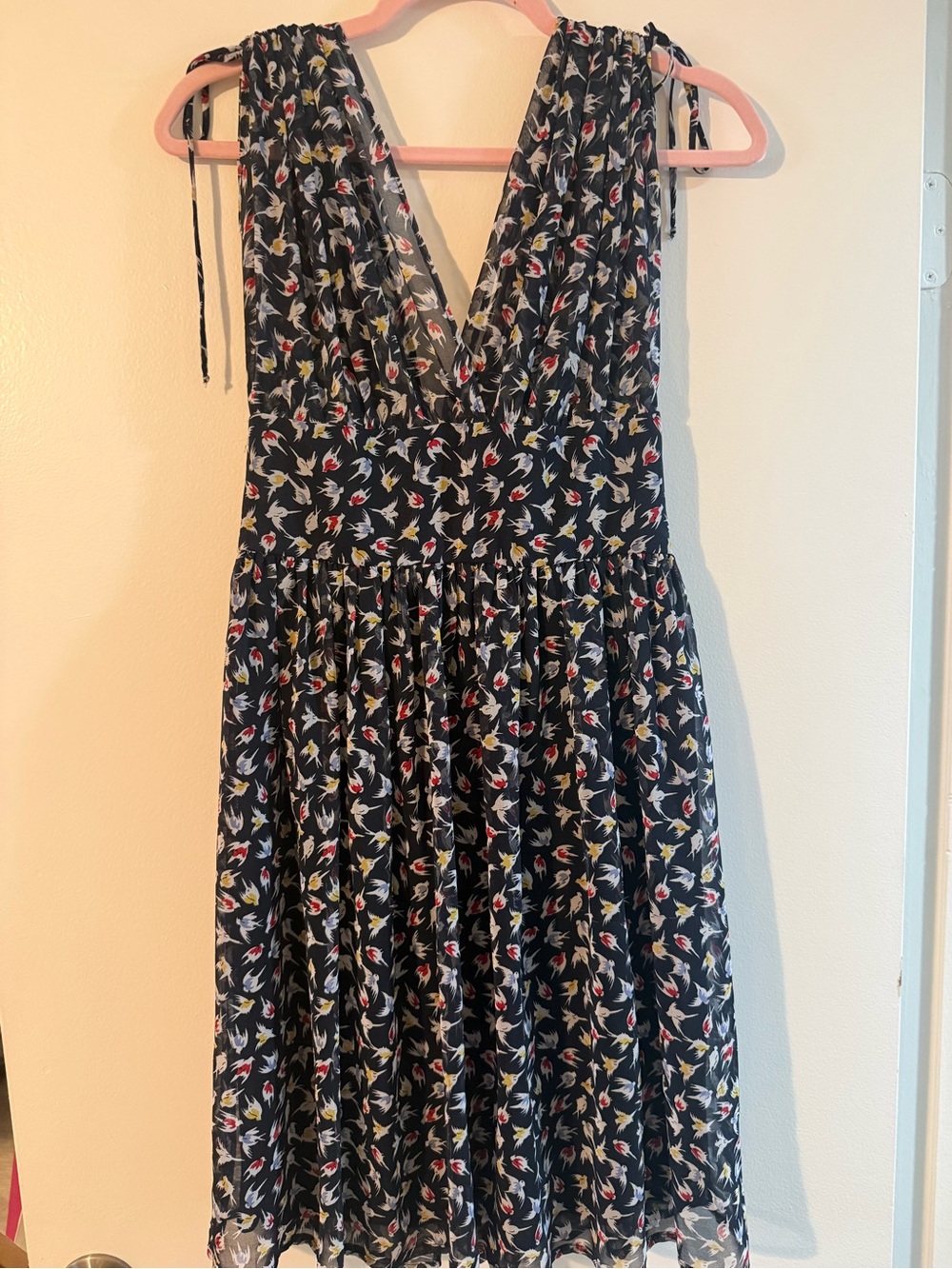 Navy Floral V-Neck Midi Dress with Tie Shoulders